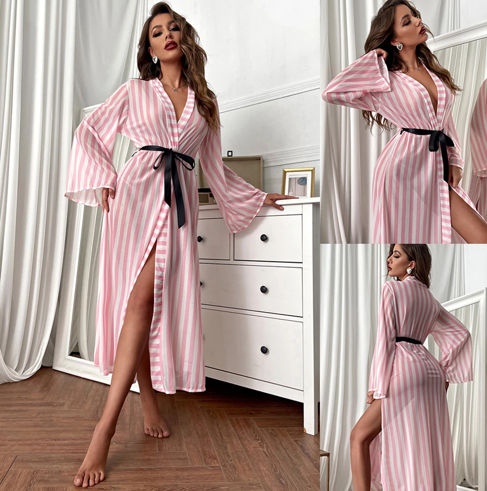

Ночная сорочка для сна, шелковая пикантная атласная домашняя одежда для сна, полосатый пеньюар, леопардовая одежда для отдыха, женская пижама, свободный розовый Халат