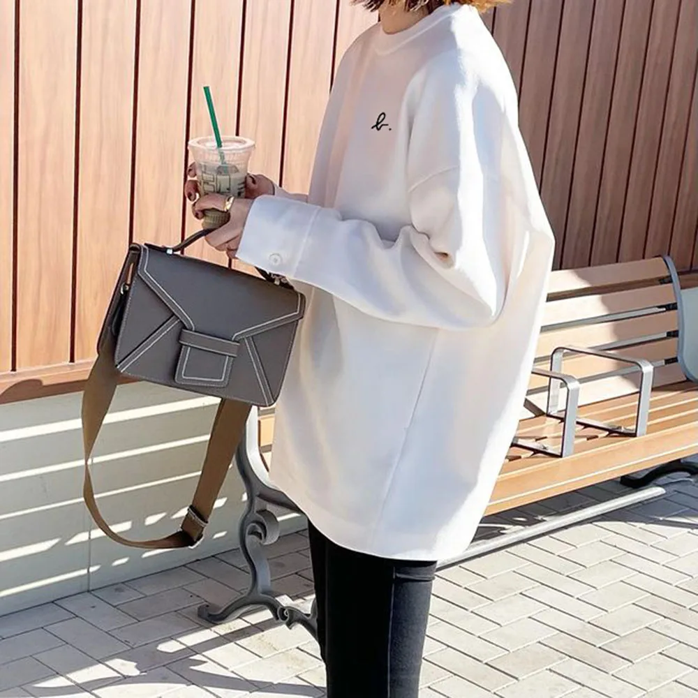 

Casual Sweatshirts Women's Round Neck Letter Solid Color Simple Hoodie Pullover Japanese Minimalist Style Loose White Autumn Top