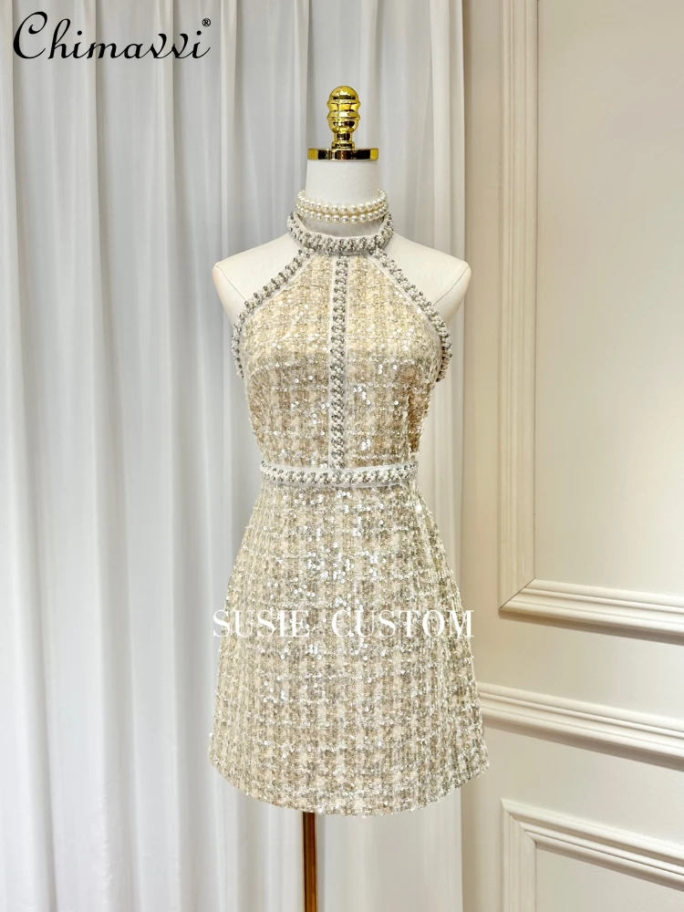 

Heavy Industry Beaded Rhinestone Pearl Sequined Off-the-Shoulder Slim Waist Dress for Women Antumn Gold Thread Tweed Dress