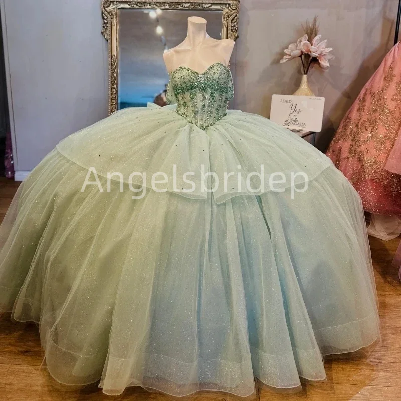 Angelsbride шалфей зеленое блестящее бальное платье с бисером платья для девушек 2025