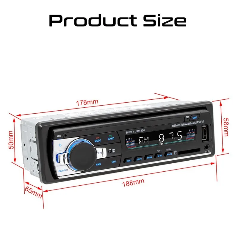 JSD-520 Car Radio 1 Din Bluetooth Autoradio MP3 Player Automotivo Remote Control Digital Audio Music 12V Stereo Receiver |