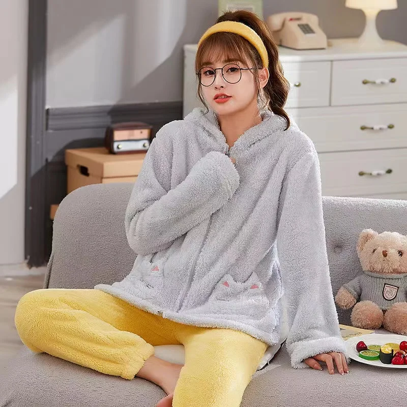 Winter Thick Warm Coral Fleece Pajamas Sets For Women Long Sleeve Trousers Pijama Suit Sweet Home Wear Pyjamas Female Nightwear