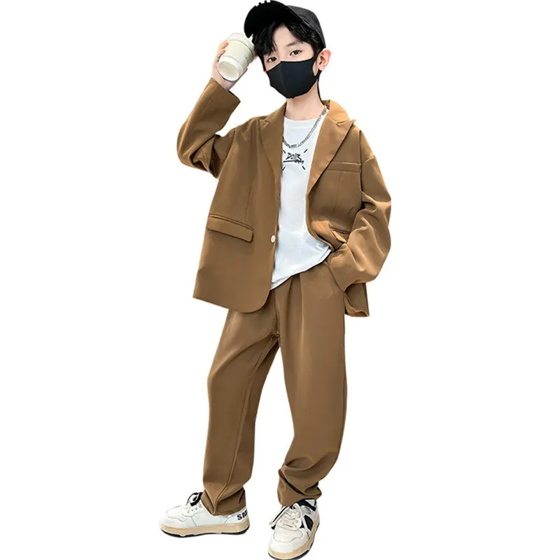 Big Boys Suit Blazer+Pants Two Pieces Black Brown Spring Autumn Korean Children Casual Formal Occasion Clothing Set New Arrivals