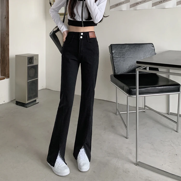 

N0253 New stretch jeans women's high waist design sense straight trousers slim slit micro flared jeans