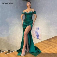 sexy green mermaid off the shoulder satin evening party dresses high split long shiny crystals beading formal banquet prom gowns