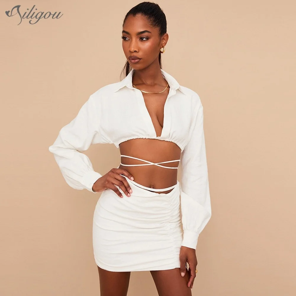 

Ailigou High Quality Fashion V-neck Long Sleeve White Set Tie Top and Skirt Set Ladies Autumn Mini Skirt Sexy Club Party Set
