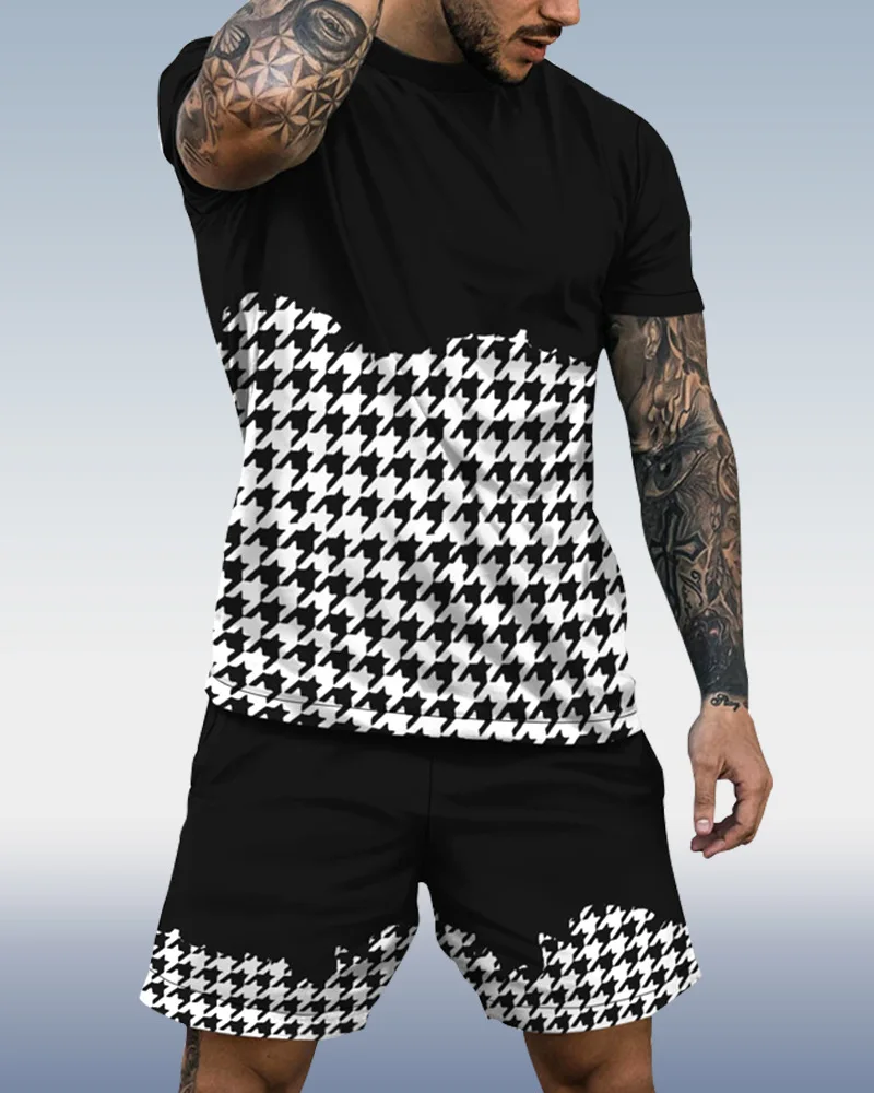 Men's Summer T-shirt Sportswear 2-piece Plaid Casual Suit T-shirt Shorts 3D Printed Oversized Street Fashion Clothing Oversized