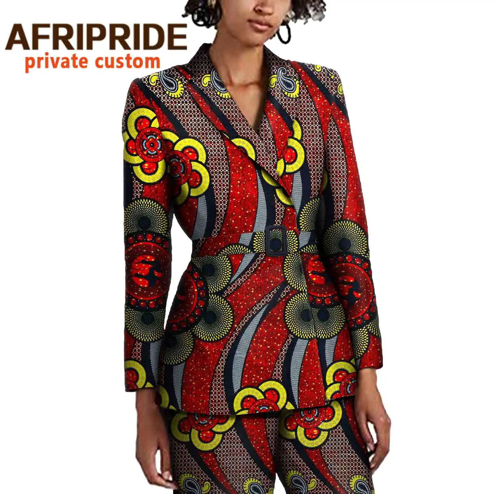 Traje africano con estampado Dashiki para mujer, conjunto de chaquetas y pantalones Ankara de dos piezas, trajes ajustados con cinturón, atuendo de cera A2126001