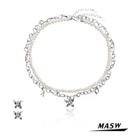 masw fashion jewelry natural freshwater pearl necklace new trend aaa zircon two layer chain necklace for women gifts hot sale