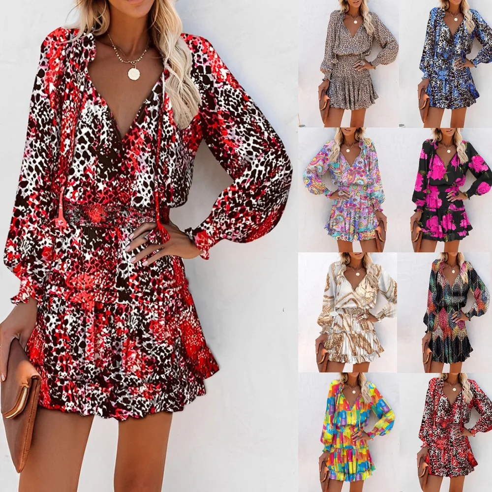

2023 New Summer Fashion European and American Sexy V-neck Printed Vacation Beach Long Dresses for Women