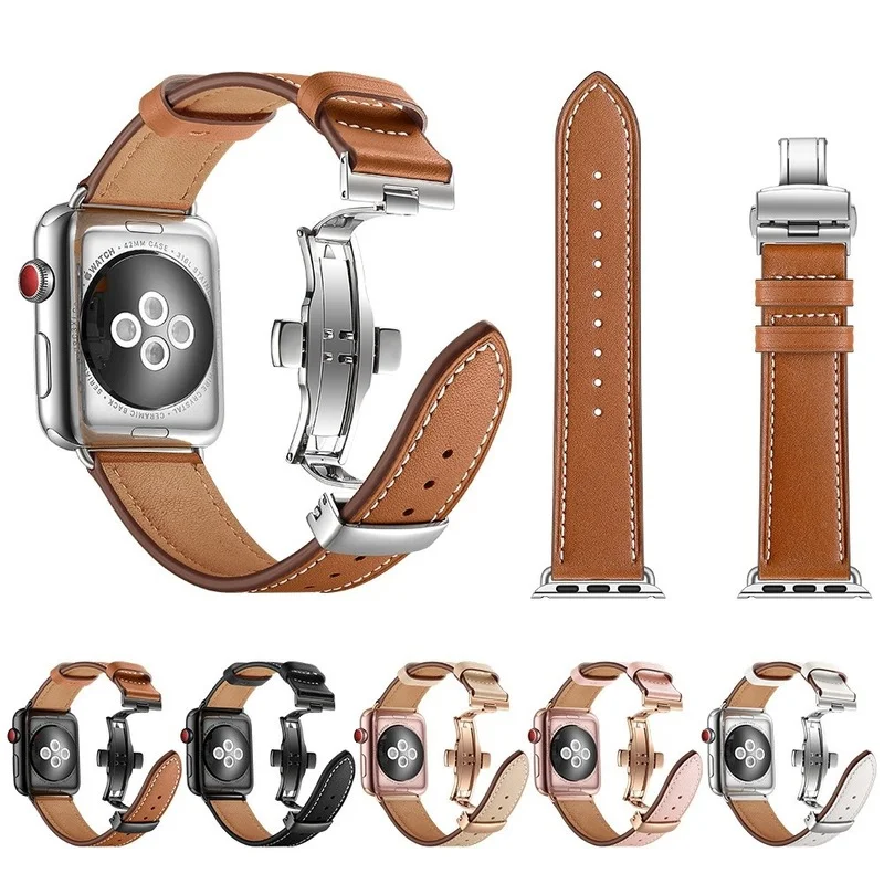 

Luxury Butterfly Clasp Genuine Cowhide Leather Belt Strap for Apple Watch Series 7/SE/6/5/4/3/2/1 (41mm 45mm 44mm 40mm 42mm38mm)