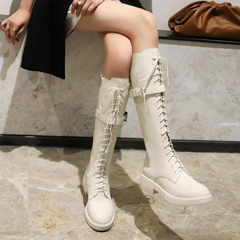 New Women Knee High Boots Low Heels Lace-up Silver White Punk Knight Boots Female Casual Comfortable Zip Shoes