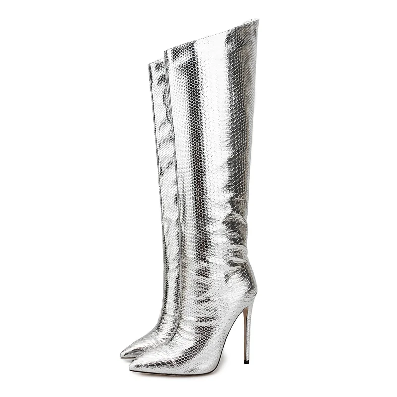 2023 European and American Style Silver High Heeled Women's Boots Thin Heeled Pointed Toe with Zipper Knee High Leather Boots