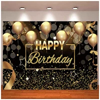 Happy Birthday Party Photography Backdrop for Men Women Black Gold Balloons Glitter Bokeh Spots Background Cake Table Decoration