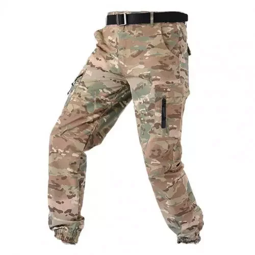 

Training Slacks Deep Crotch Camouflage Print Ankle Tied High Waist Men Cargo Pants for Outdoor Sports Pants Multi Pockets