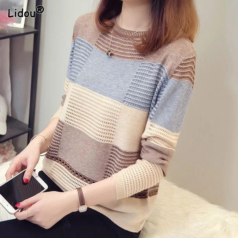 Knitted T-Shirts O-neck Spring Autumn Patchwork Long Sleeve Casual Simple Elasticity Leisure Comfortable Korean Women's Clothing