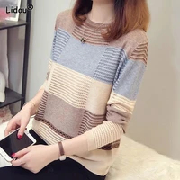 knitted t shirts o neck spring autumn patchwork long sleeve casual simple elasticity leisure comfortable korean womens clothing