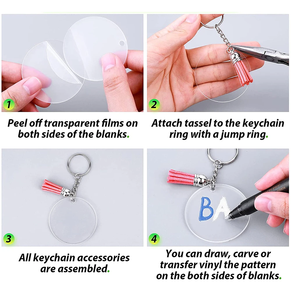 200PCS Acrylic Keychain Blanks Craft Tassel Keychain Round Clear Discs Circles Colorful Tassel Key Rings Set for DIY Craft