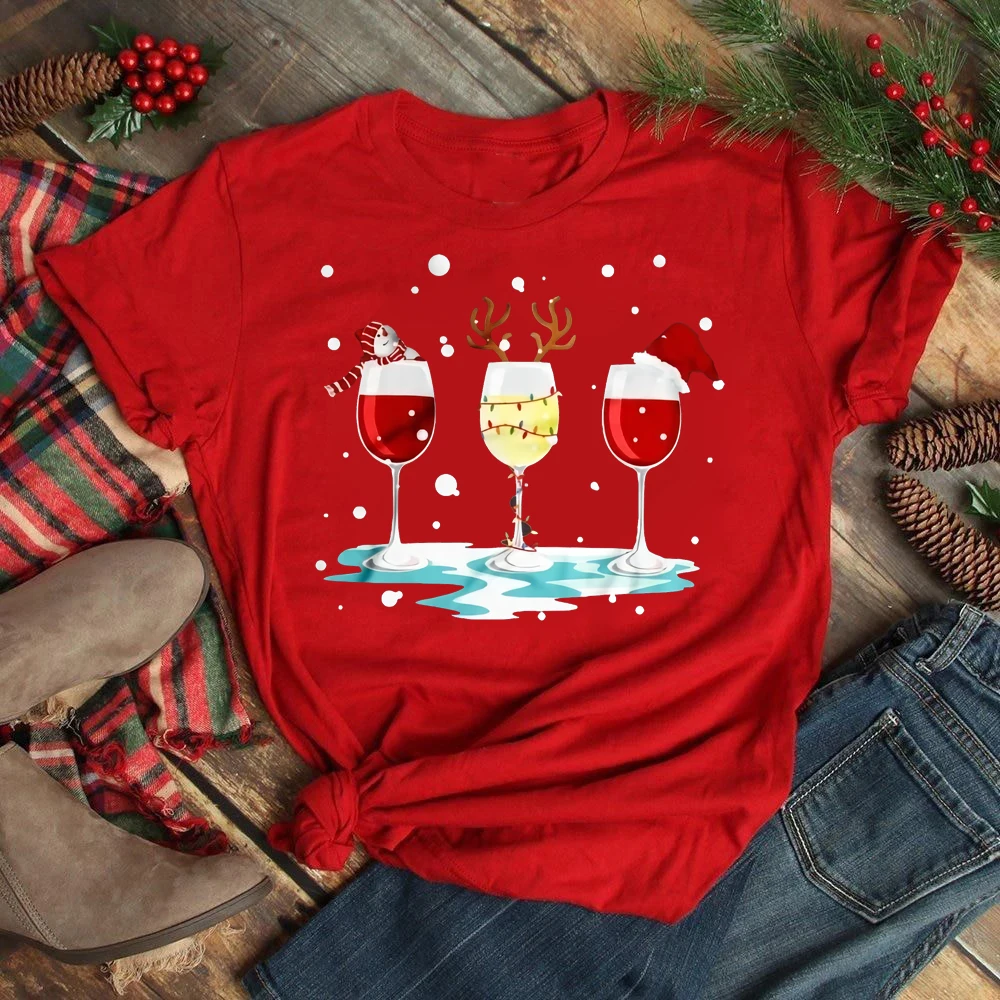 

Wine Glass Christmas Hat Women T-shirt Fashion Lady Holiday Merry Christmas New Year Tops Cartoon Shirt Female Black Tshirt