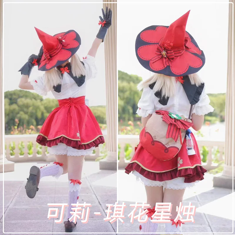 Genshin Impact Klee Косплей милое платье с цветочным принтом звезды свечи шапкой новая