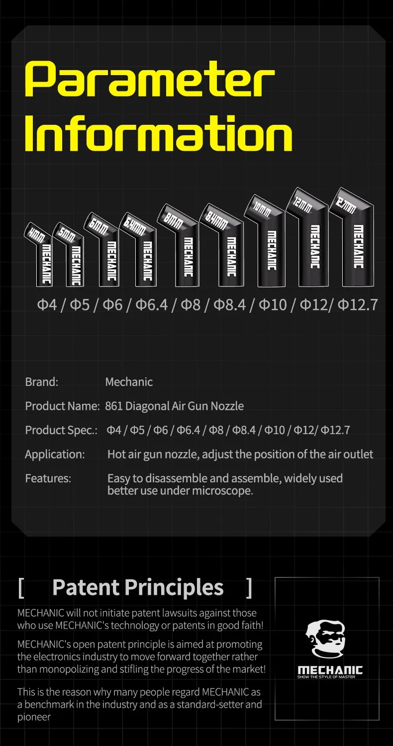 

Набор угловых насадок для термопистолета MECHANIC 861, 9 размеров, стальные наконечники для прецизионных работ под микроскопами, подходят для большинства тепловых пистолетов