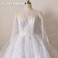 luxury high neck ball gown wedding dress with long sleeves beaded lace bridal gown