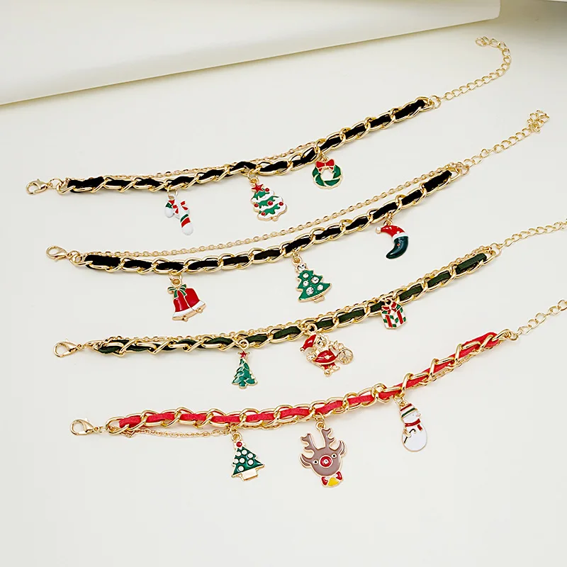 

Europe And The United States New Christmas Bracelet Oil Dripping Tree Snowman Walking Stick Pendant Multi-layer Chain