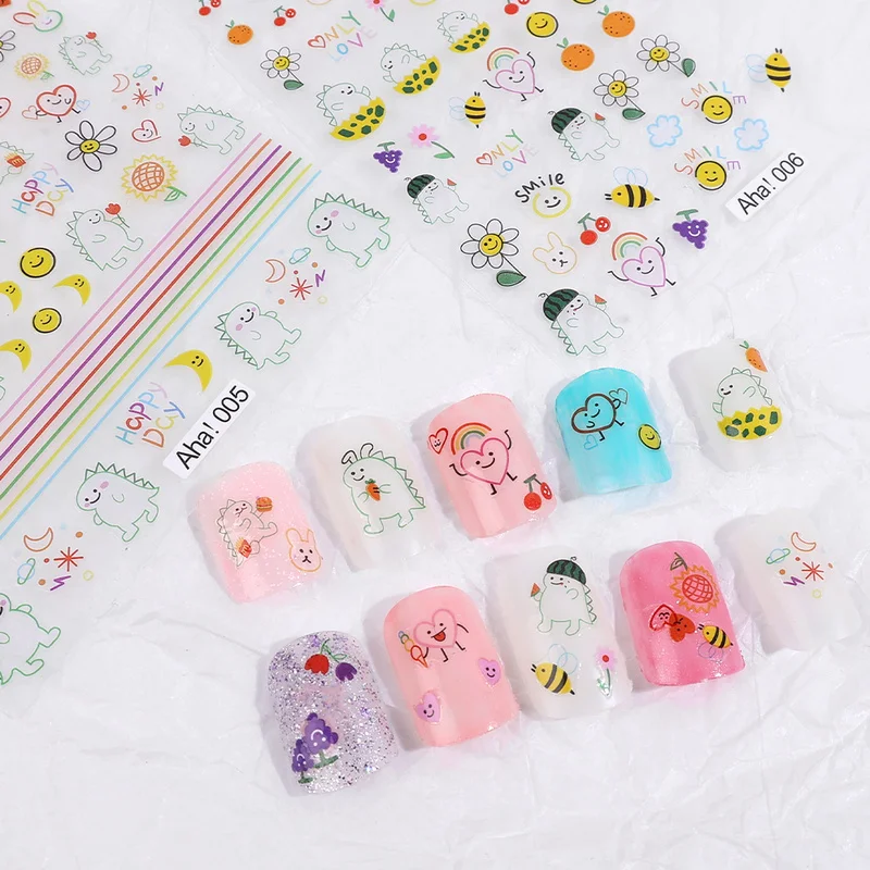

1PCS Dinosaur Nail Art Sticker Cute Rabbit Bear Smile Pattern Adhesive Decals Cartoon Simple Strokes Sliders Nails Decoration