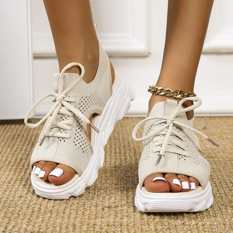 

Flying Woven Women Sandals Summer New Mesh Leisure Thick Bottom Casual Muffin Hollow Chunky Sandals Lace Up Ladies Shoes