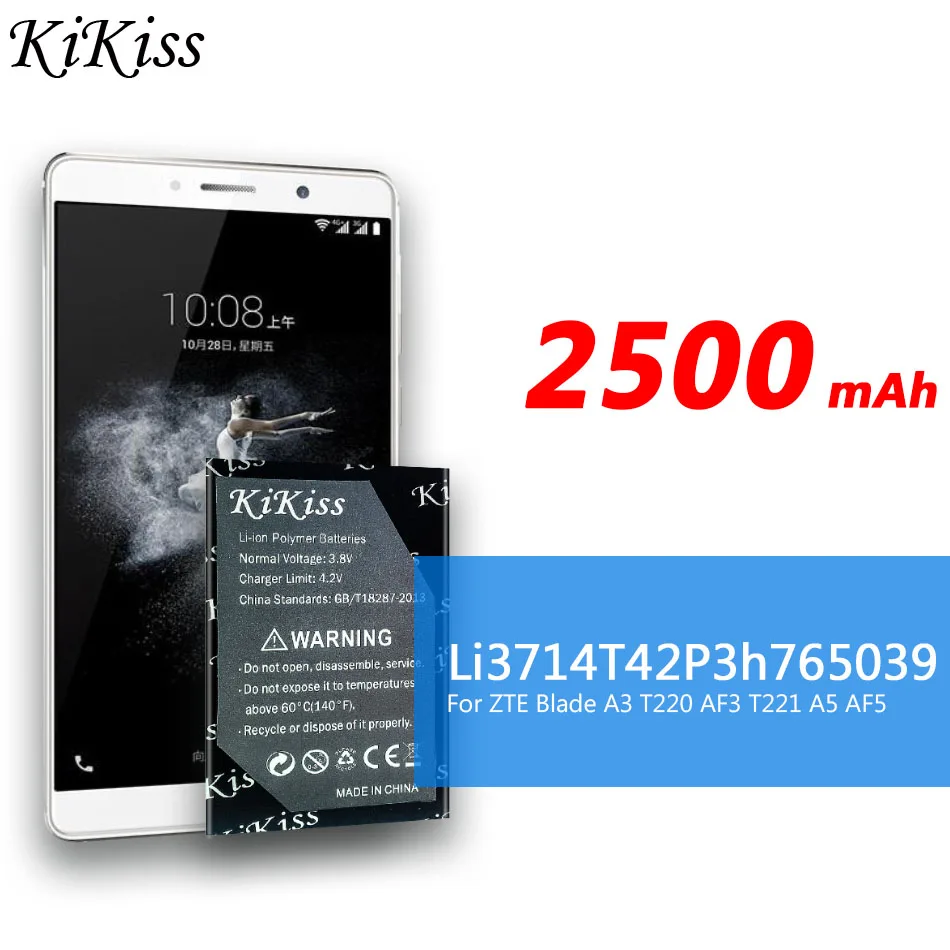 

2500mAh kikiss Battery LI3714T42P3H765039 For ZTE Blade A3 T220 AF3 T221 A5 AF5 High Replacement Battery Real Capacity