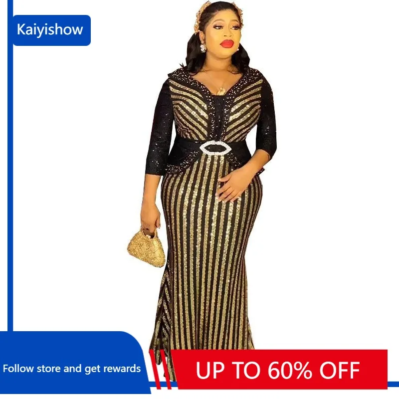 

Африканские платья для свадебной вечеринки для женщин, элегантное Африканское длинное платье макси из полиэстера с V-образным вырезом, рукавом 3/4 и блестками, африканская одежда