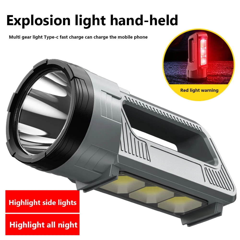 

LED Flashlight Multifunctional with Handle Warning Light Type-c Charging Flashlight Searchlight Dimmable for Outdoor Accessories