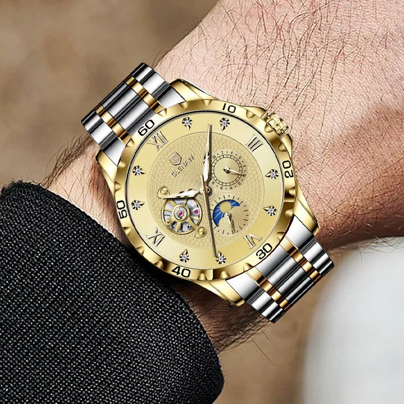 

GLENAW Mechanical Wristwatches Nine o'clock Tourbillon New Design Gold Dial Moon Phase Diamond Roman Scale Automatic Men's Watch