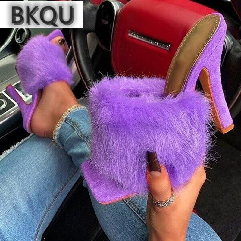 

2022 summer new square toe stilettos plush slipper plus size sexy sandals 43