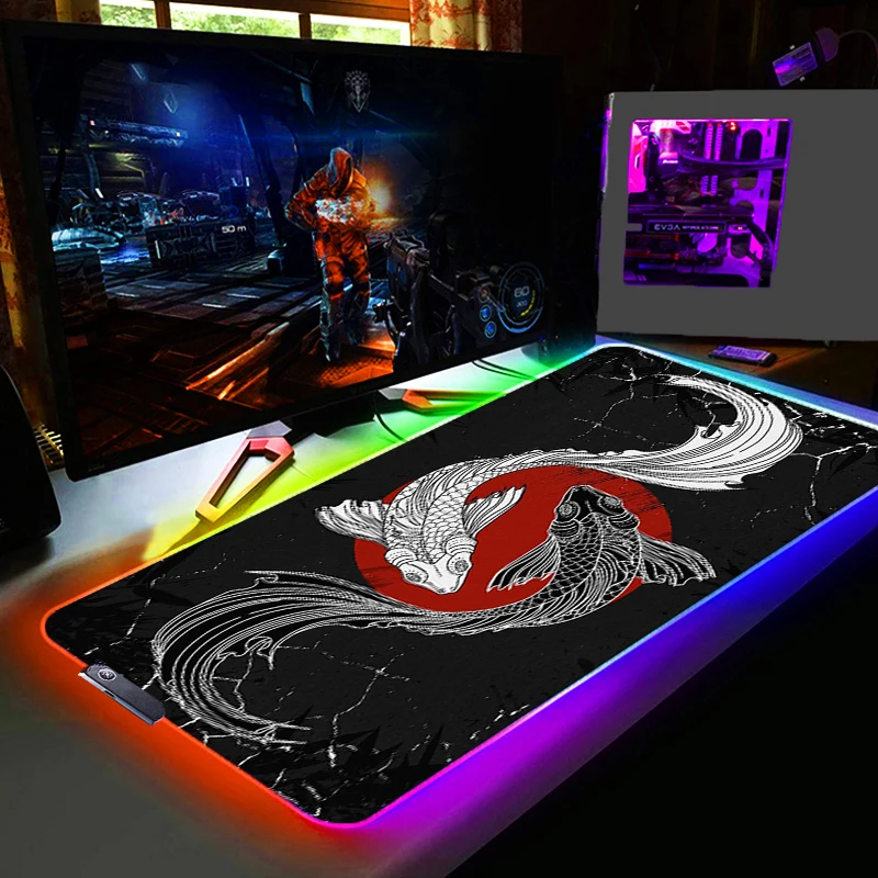 

Japanese Yin Yang Koi Fish RGB Mouse Pad Gaming Custom Pc Gamer Office Accessories Free Shipping Desk Mat Laptop Xxl Rubber Pads