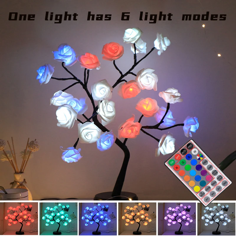 2nd Generation RGB LED 17 Color Rose Tree USB Night Light Children's Room Home Decoration Rose Flower Christmas Decoration Gift