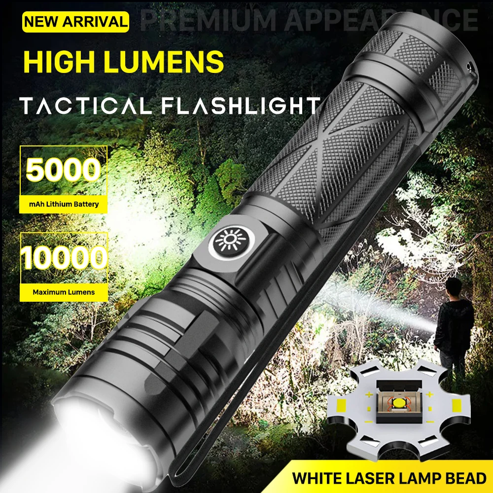 Enlarge 10000 Lumens LED Flashlight Rechargeable High Power 26650 Lithium Battery Tactical Lantern Zoomable Torch for Camping Emergency