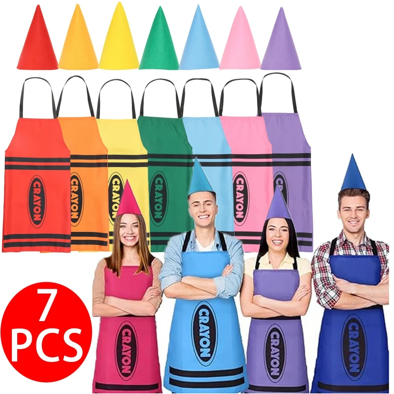 Фото Набор из 7 костюмов-фартуков в стиле Crayon (7 цветов) и забавных шапок-конусов для взрослых и всей семьи на Хэллоуин №1