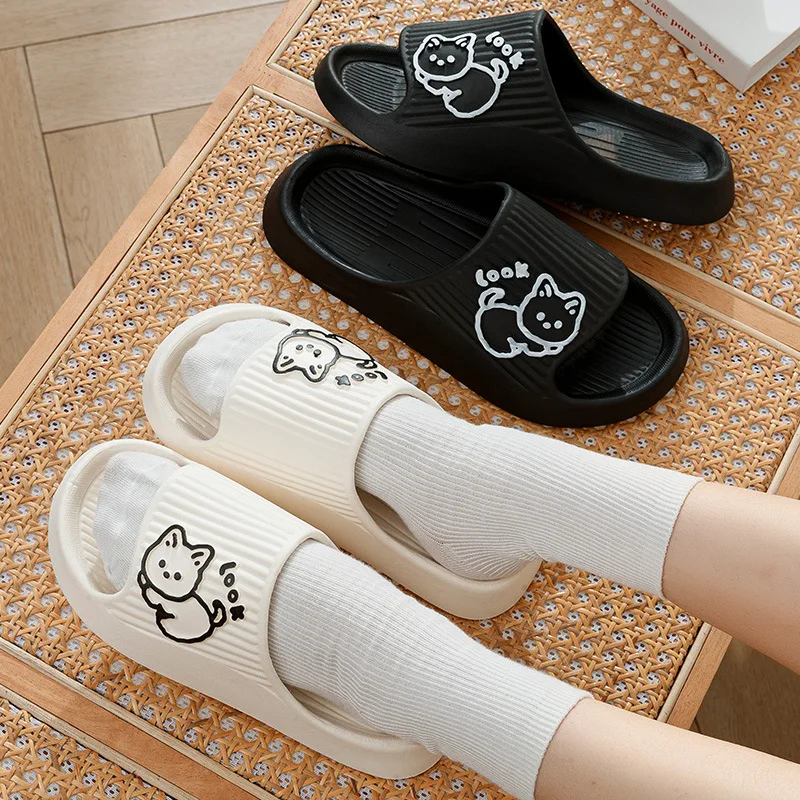 

Shower Bath Slippers Women Men Thick Platform Flat Bear Cat Cartoon Slipper Flip Flops Summer Beach Sandals Lady Home Slides