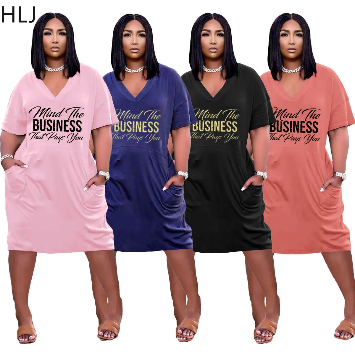 

HLJ Casual V Neck Letter Printing Knee Dresses Women Elegant Short Sleeve Pocket Loose Dress Summer Female Streetwear Clothing