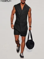 incerun men rompers solid lapel sleeveless double breasted 2022 business casual jumpsuits men streetwear fashion overalls s 5xl