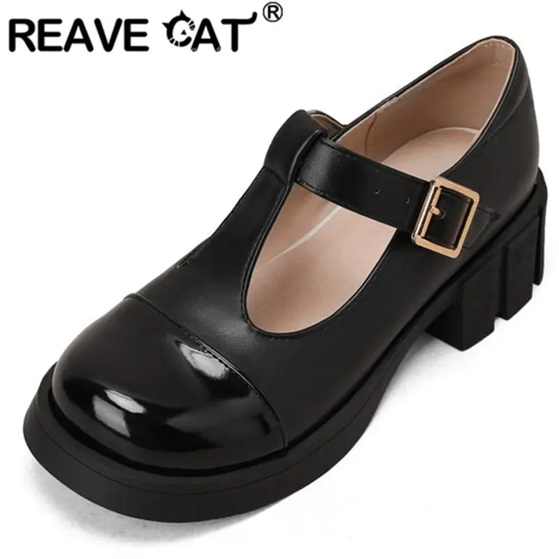 

REAVE CAT 2022 Woman Pumps Round Cap Toe Block Heels T-Bar Buckle Straps Shallow Big Size 34-43 Mix-Color Beige Red Sweet S3706