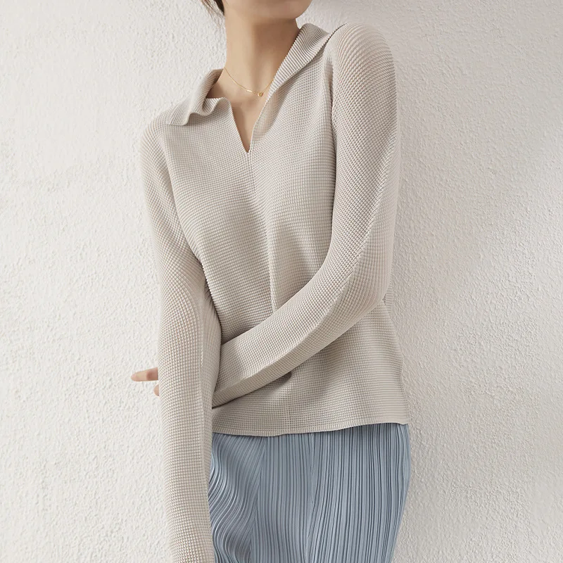 Miyake Pleated Spring/Summer 2022 New Design Polo Collar Long Sleeve Shirt Polyester Fiber Chiffon Fleece Top