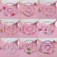 2pcs cute cartoon pattern charm necklace bracelet sets natural wooden beads for children toys girl birthday gift jewelry sets