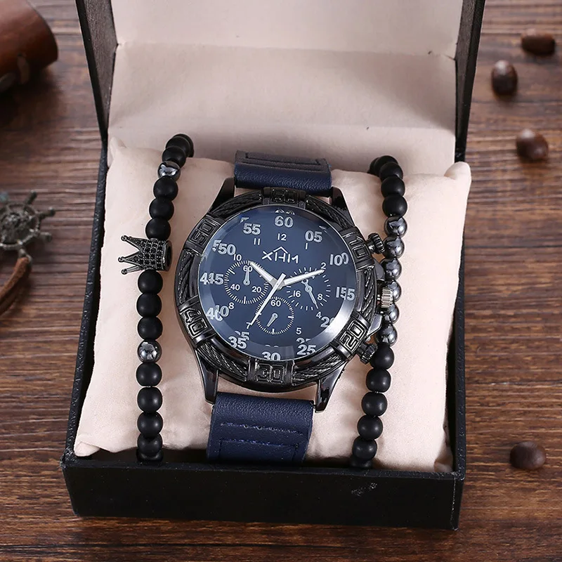 3pcs/set Fashion Casual Business Match Large Dial Belt Quartz Watch Plus Bracelet Set Holiday Birthday Business Gift for Men