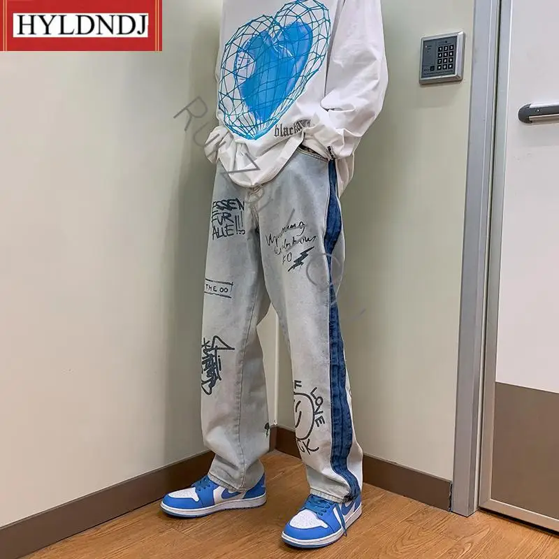 Men's Korean Version Loose and Fashionable Floor Long Pants 2023 New Personalized Printed Straight Fashion Brand Jeans