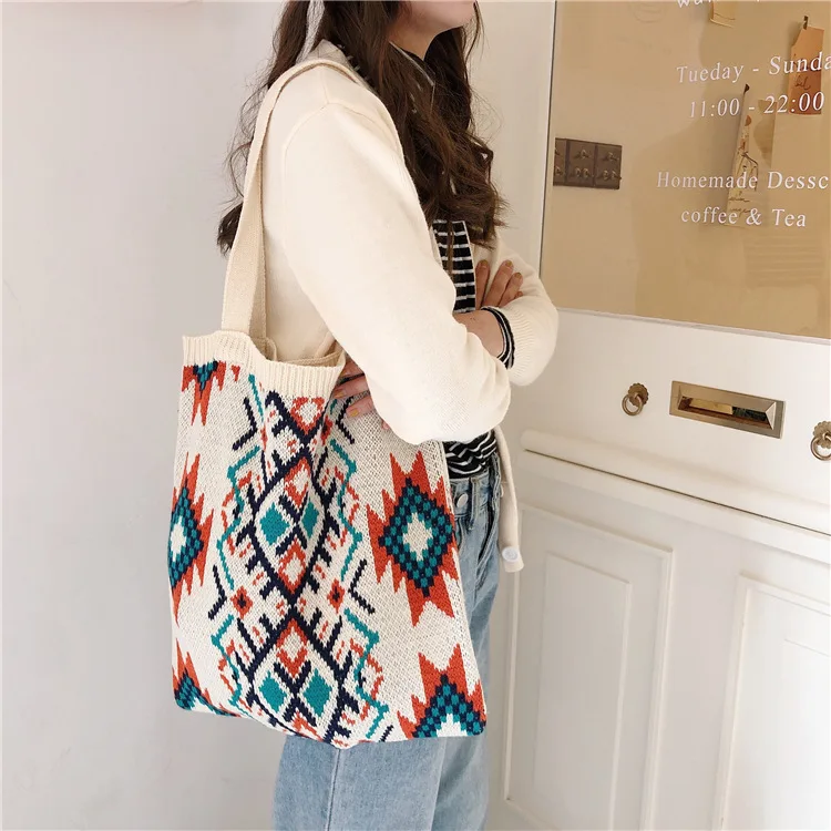 

910301 New Korean Version Of Cute Ins Hyun Yafeng Student Knitted Portable Tote Bag Wool Single Shoulder Women's Bag