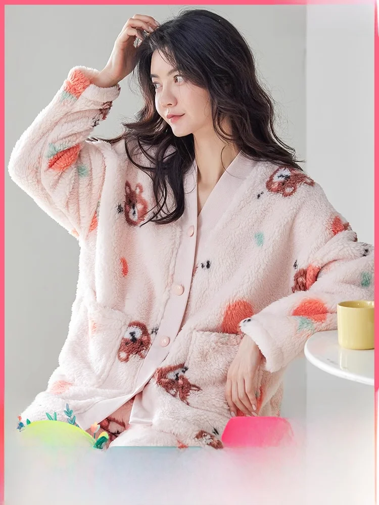 Japan fashion Sweet Thickened Pajamas Women's Autumn and Winter V-neck Cardigan Fleece-lined Warm Flannel Long sleeve Homewea...