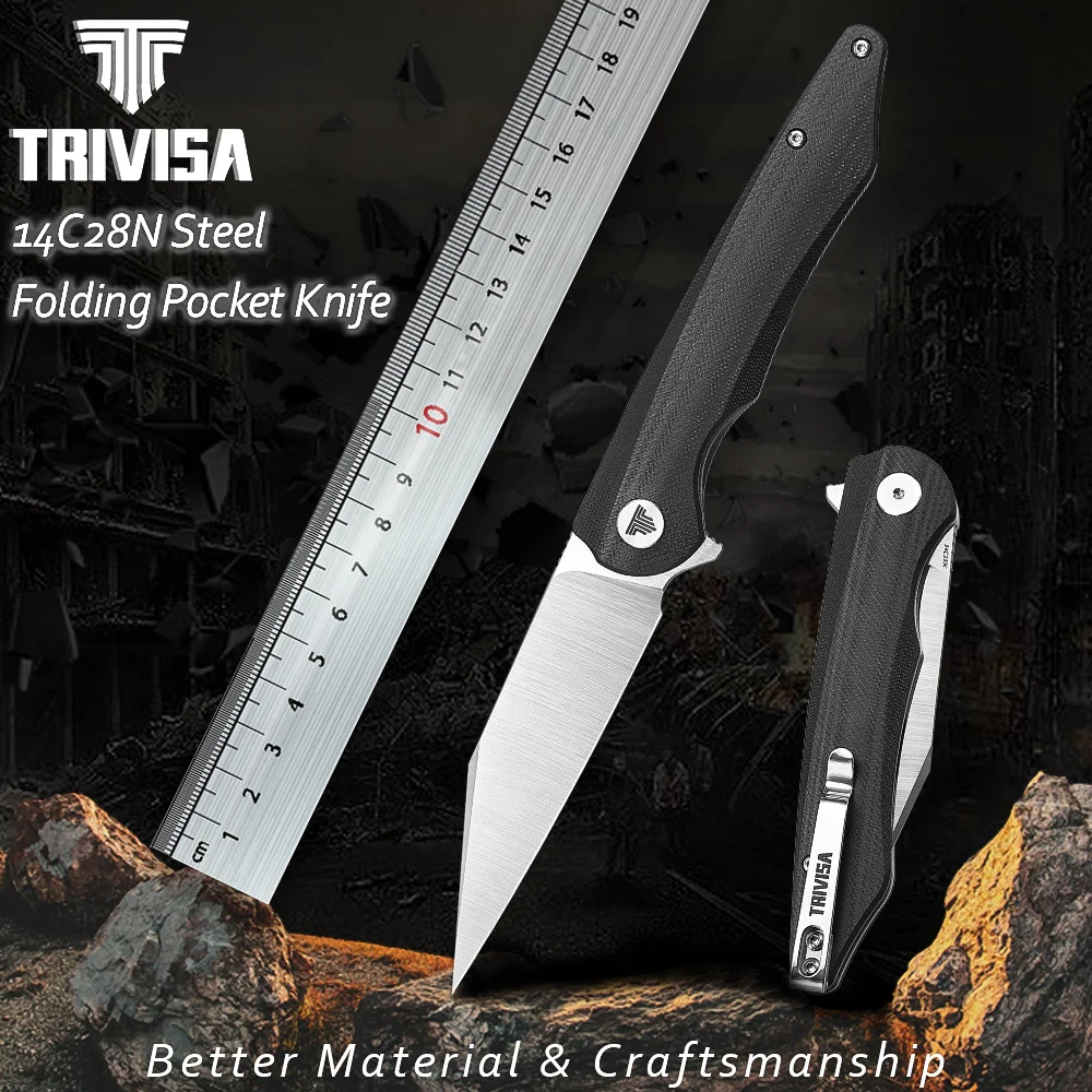 TRIVISA Pocket Folding Knife for Men,14C28N Steel Blade with Flipper & Clip G10 Handle,EDC Outdoor Camping Self Defense knife