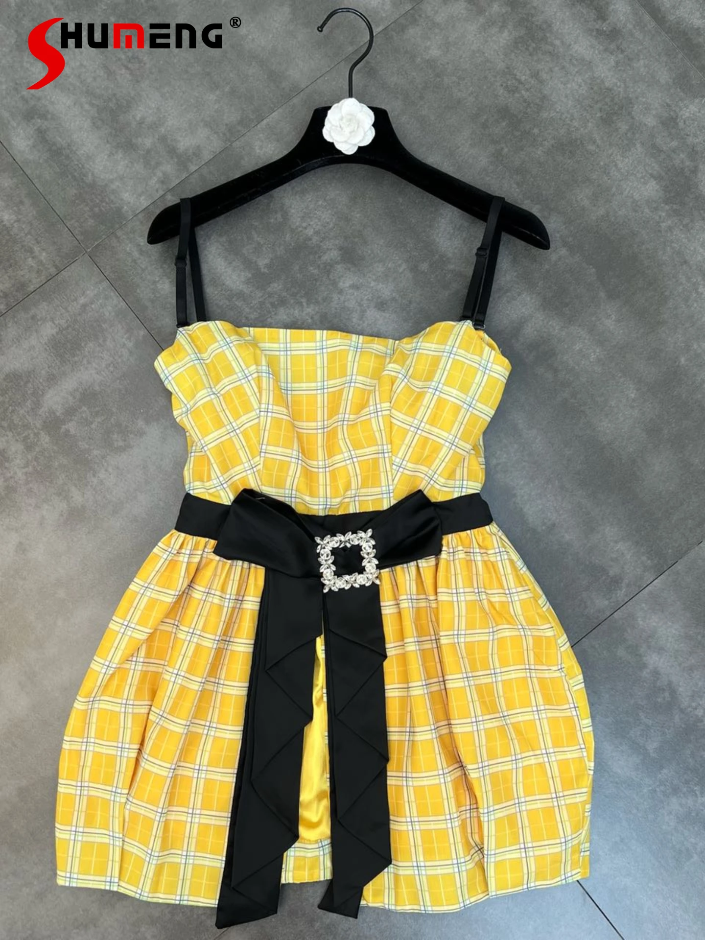 

2022 Summer New Ladies Fashion Sexy Bowknot Above Knee Dress Women's French Elegant Color Matching Plaid Split Suspender Dress